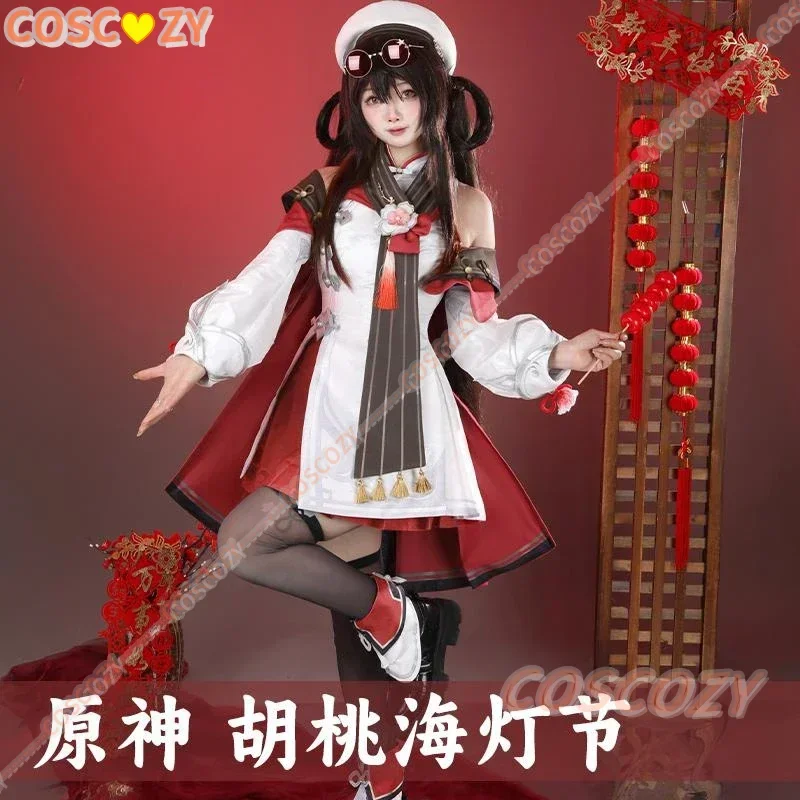 Game Genshin Impact Lantern Rite Hutao Cosplay Costume Wig Hu Tao Cherries Snow Laden Outfit Hair Red Costumes for New Year