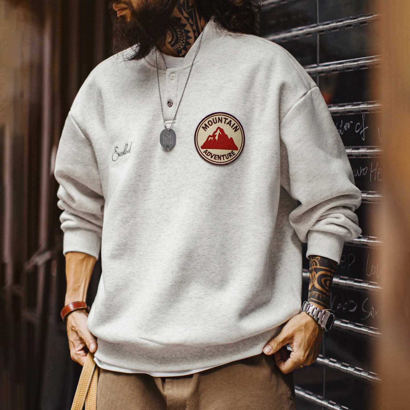Maden Men's Henley Sweatshirt Fleece Lined Long Sleeve Pullover Embroidered Patch Grey Workwear Thermal Top Fall Winter