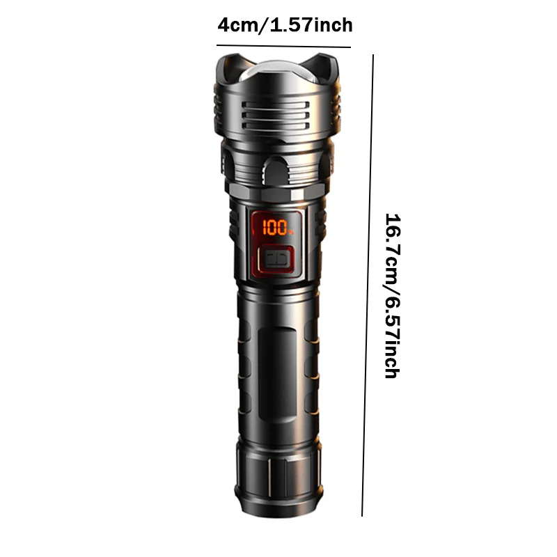 مصباح يدوي بشاشة رقمية قوية جديدة مع تركيز تلسكوبي، قابل لإعادة الشحن، محمول، ضوء عمل خارجي طويل المدى، LED Fl