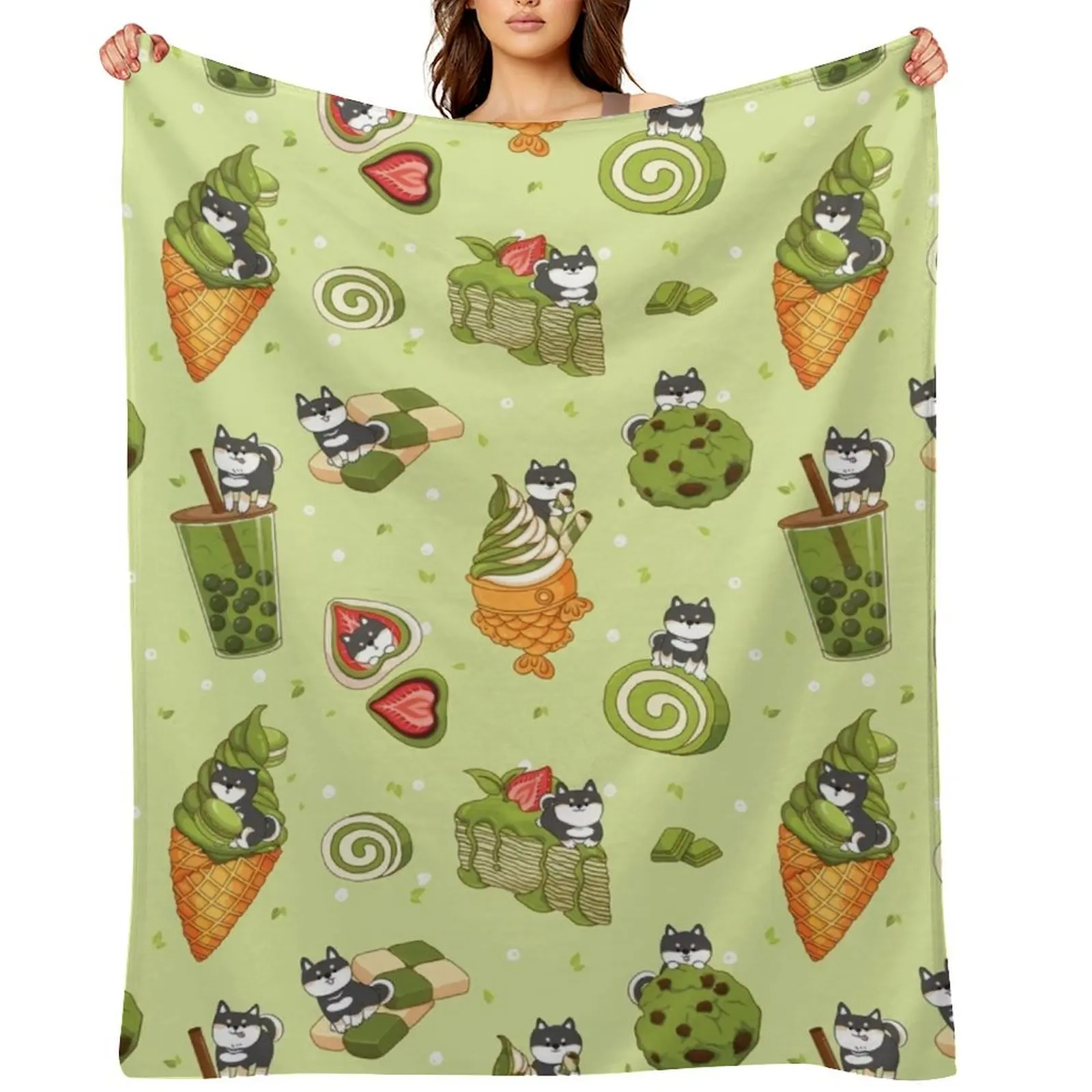 

Black Shiba Inu with Japanese desserts - Green Throw Blanket Soft Decorative Beds Bed linens valentine gift ideas Blankets