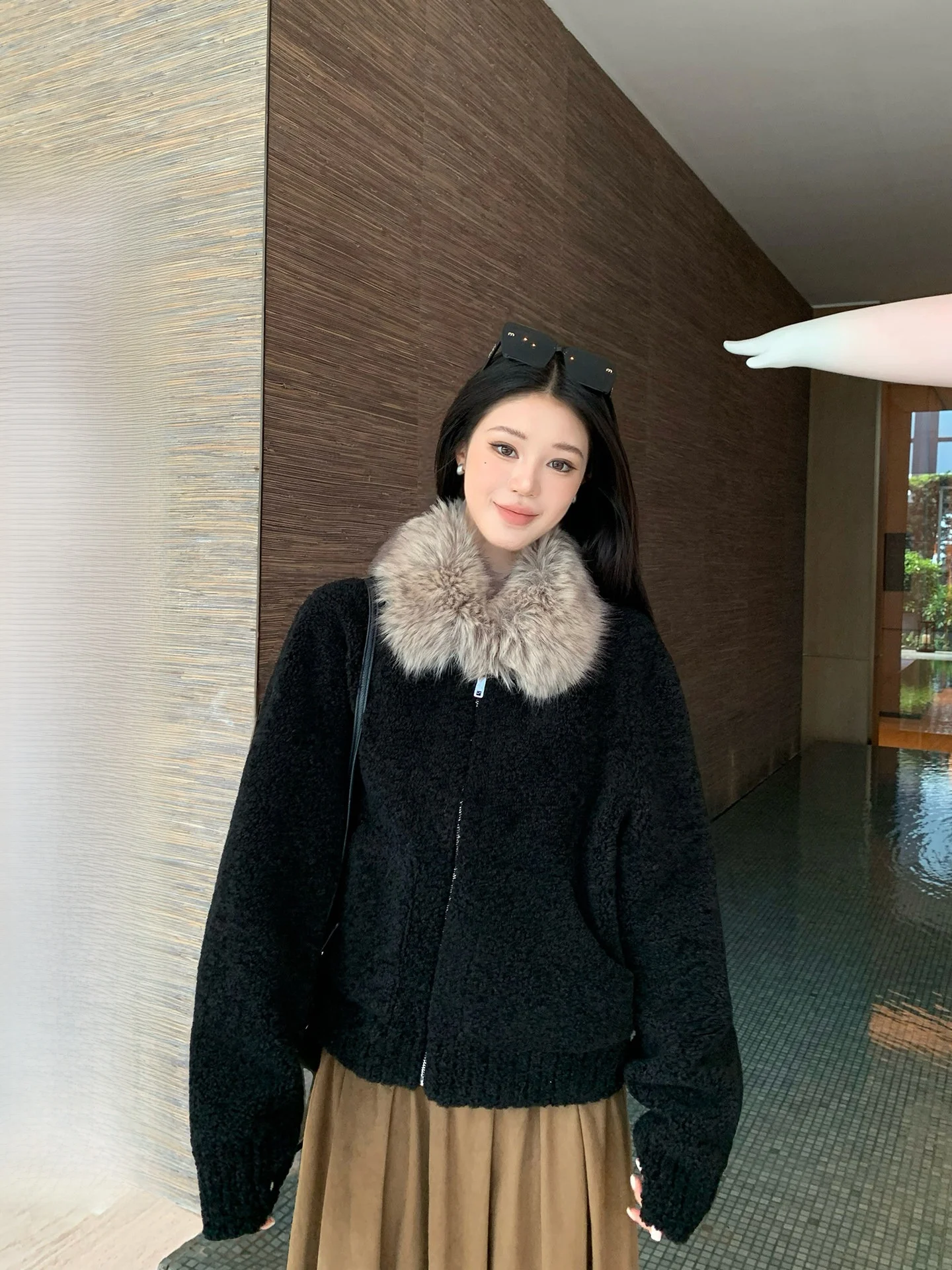 

Buleng Lamb Fur Collar Jaet Women's Winter Faion Casual Loose Fit Long Sve Zipper Closure Outerwear Sli New 2025