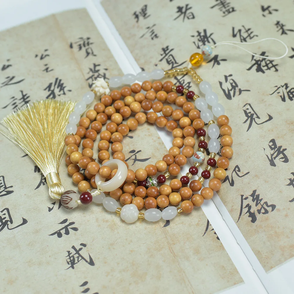 Vintage Style Natural Agarwood Golden Bamboo Sandalwood Phone Lanyard Long Beeswax Neck Strap Gifts
