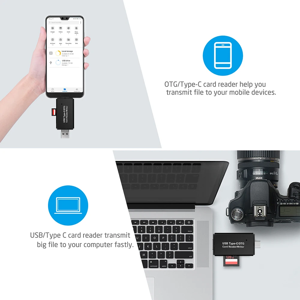 OTG USB 2.0 pembaca kartu SD TF, Adapter USB Flash Drive 3 In 1 transmisi Data pembaca kartu memori untuk ponsel PC