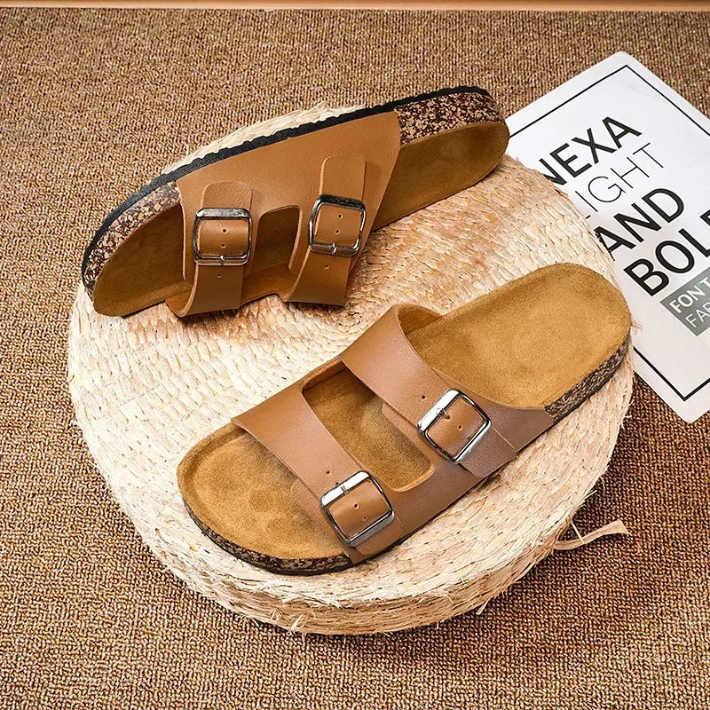 SummerNew Wear Muller Slippers Fashion Casual Beach Sandals Leather  Cork Flip-flops Male Couple Retro shoes slippers