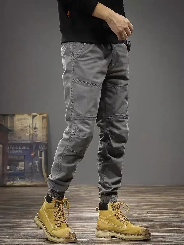 Pantalones Cargo grises para hombre, pantalones negros multibolsillos para hombre, ropa técnica ajustada con múltiples bolsillos, estilo coreano Harajuku, algodón y nailon Y2k de lujo