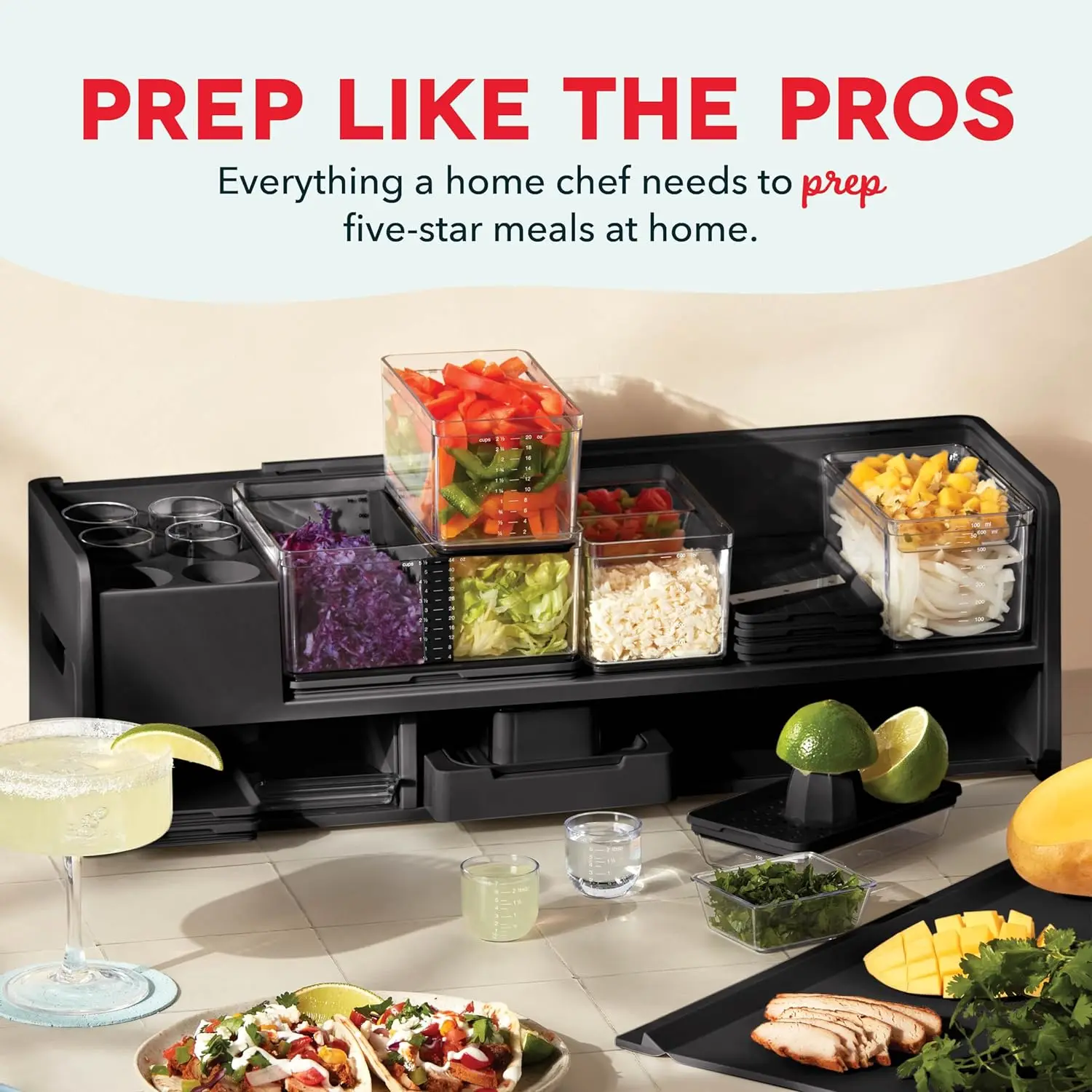 Recipe Prep&StorageStation-8 Essential Tools+DeluxeCutting Board,Plastic Containers+Super-Seal Lids,Removable Trash Compartments