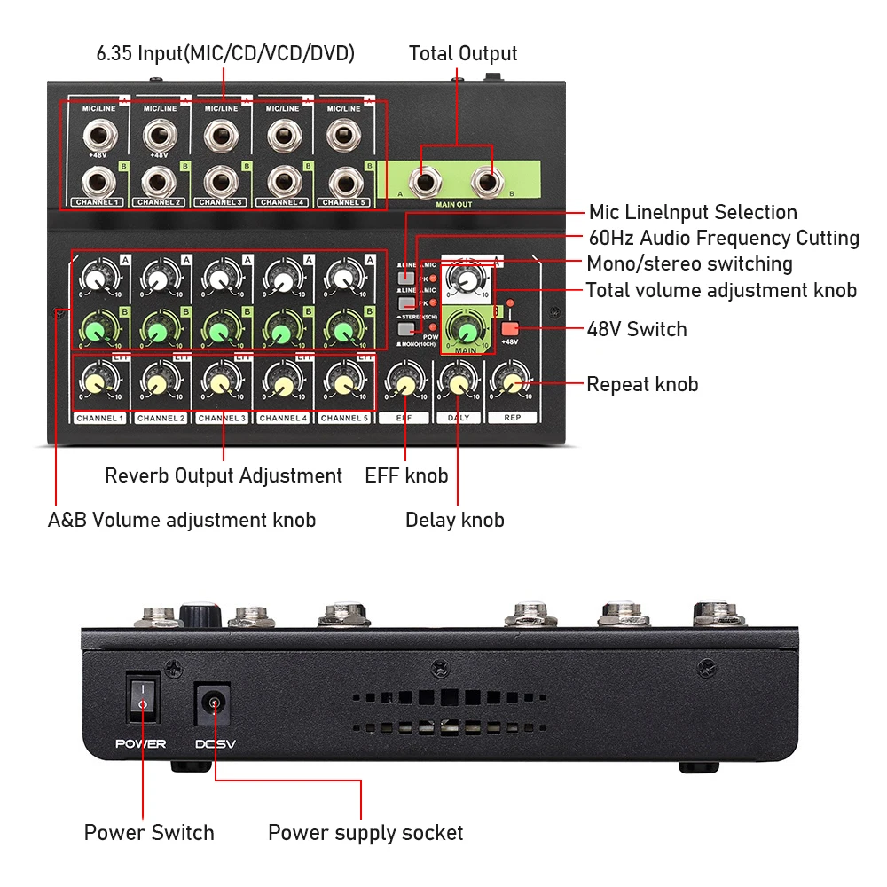 Console di missaggio a 10 canali mixer audio digitale mixer microfono stereo riverbero e alimentatore phantom 48v per live karaok