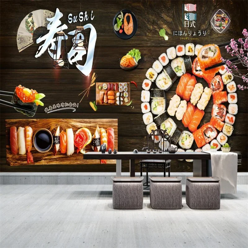 Custom Black Wood Board Renovation Wall Paper 3D Japanese sushi Restaurant Industrial Decor Wall Painting 3D Photo Wallpapers