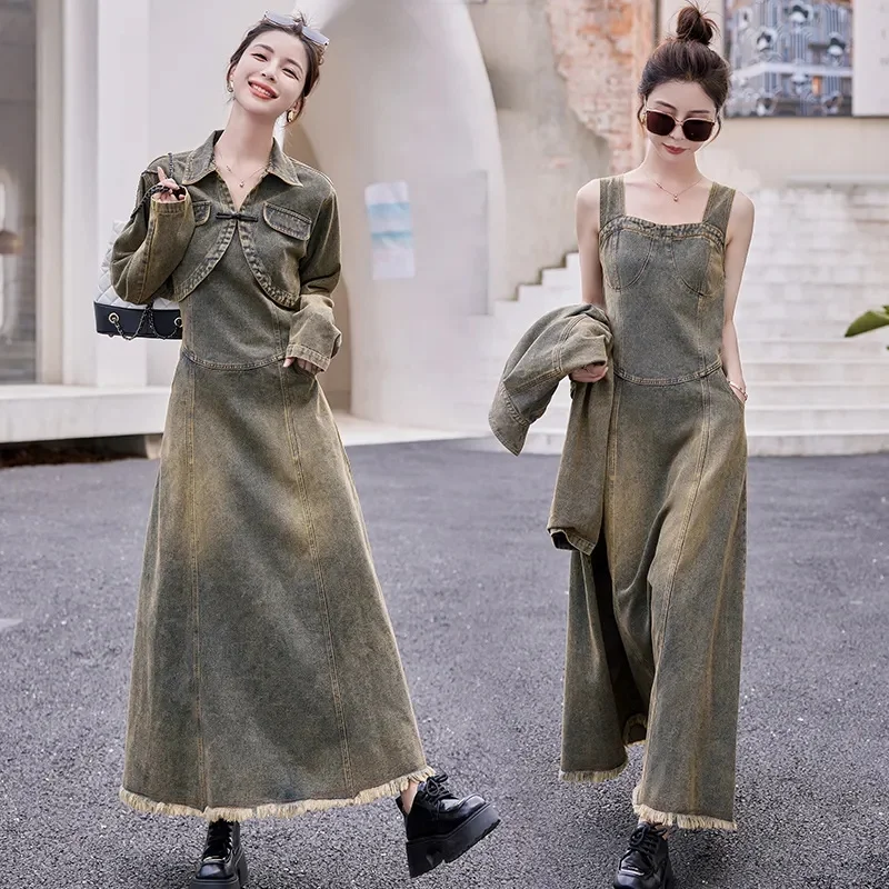 

Женские джинсовые платья с длинными рукавами в стиле ретро, длинные платья из 2 предметов, женские джинсы-бретельки, комплект из двух предметов, осеннее женское ковбойское платье макси, наряд