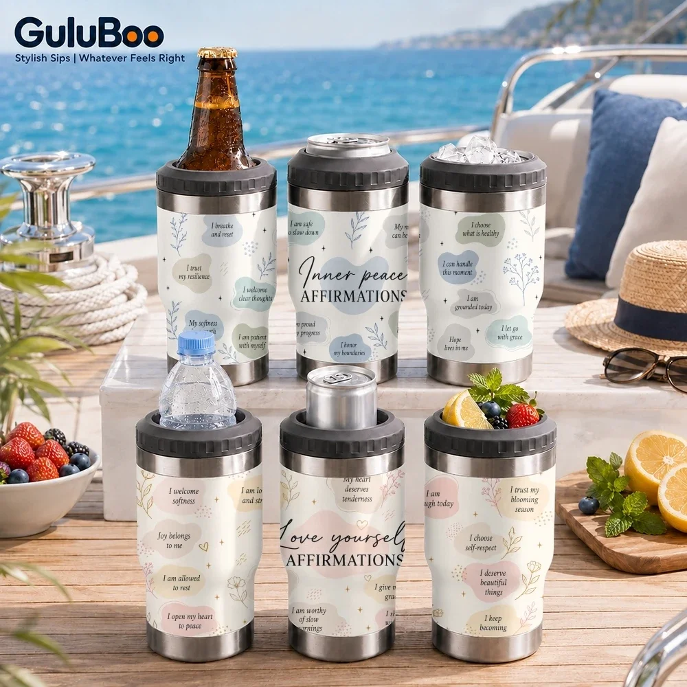 Gourde isotherme 4-en-1 avec affirmation d'amour-propre et fonction refroidisseur de canettes |   Convient pour la bière, les sodas, le café |   Porte-boissons isotherme chaud et froid