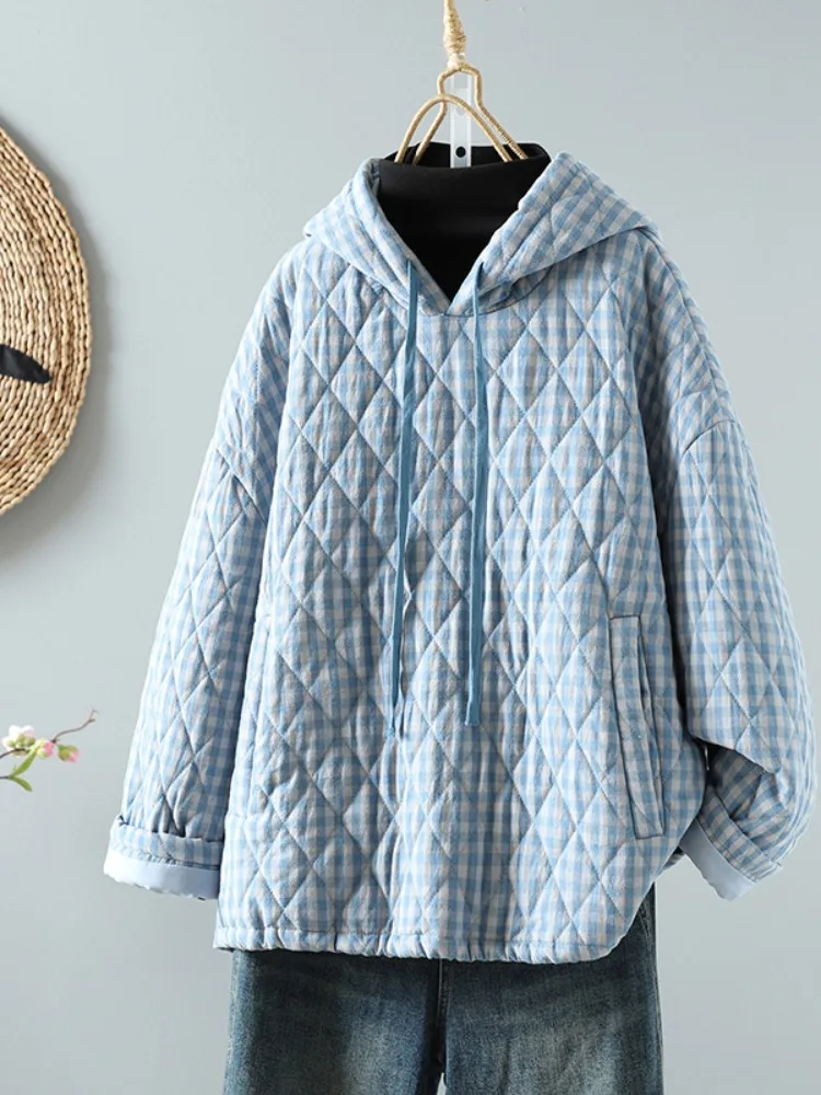 Winter Ladies Cotton Hoodie Patchwork Grids Quilted Jacket Retro Style Long Sleeve Thickened Coat with Pocket for Commuting