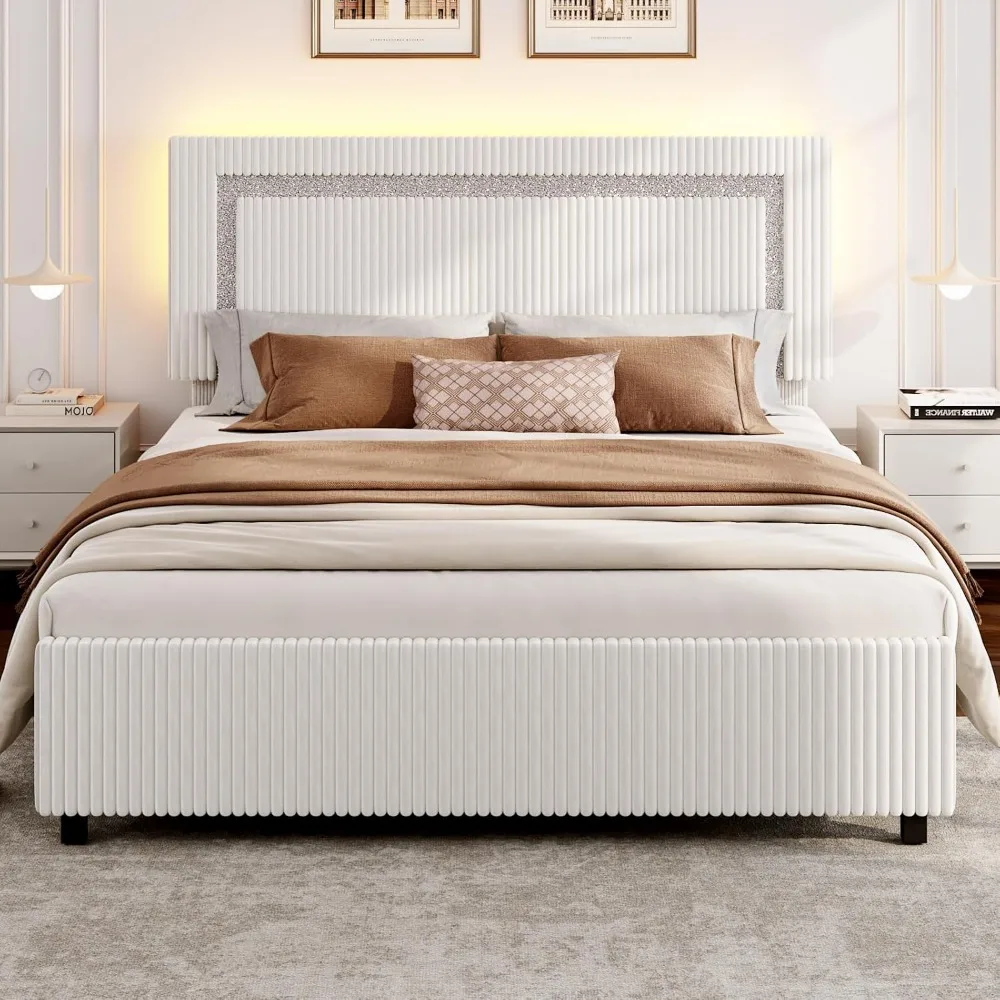 

Full-size Corduroy Upholstered Bed Frame with Headboard, Adjustable LED Platform Bed Frame, and Silver Glitter Strip