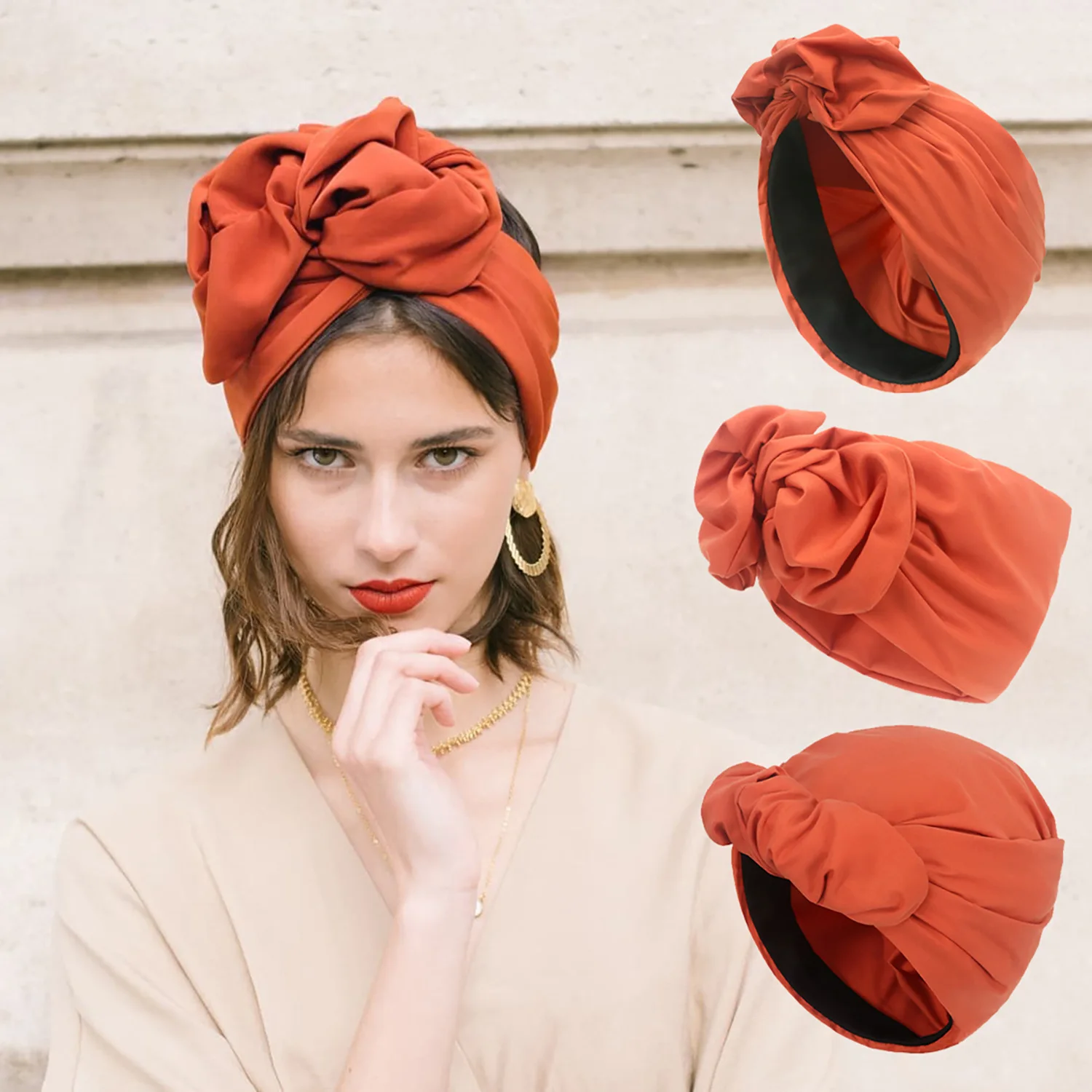 

French Vintage Women Turban Hat Female Wrap Head Bonnet Lady Headscarf Cap African Head Wraps Soild Color Turbante Mujer