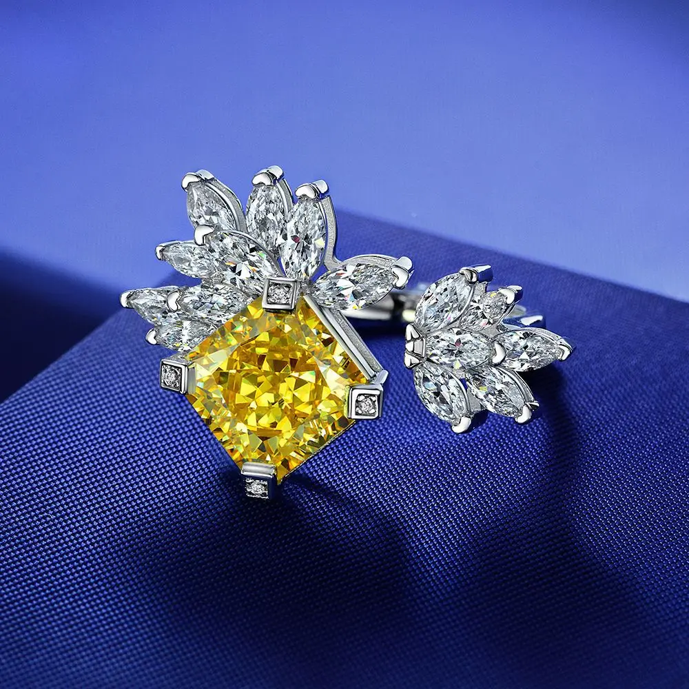 Shipei Jewelry 2023 New 925 European and American Luxury 5ct Ring 10 * 10 High Carbon Yellow Diamond