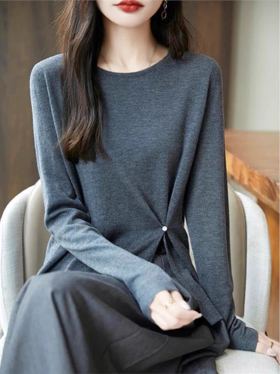 

Premium Spun Wool Knitted Base irt Women's round Ne Long Sve Overhead Slit Button Waist Slimming Sli round Ne Sw...