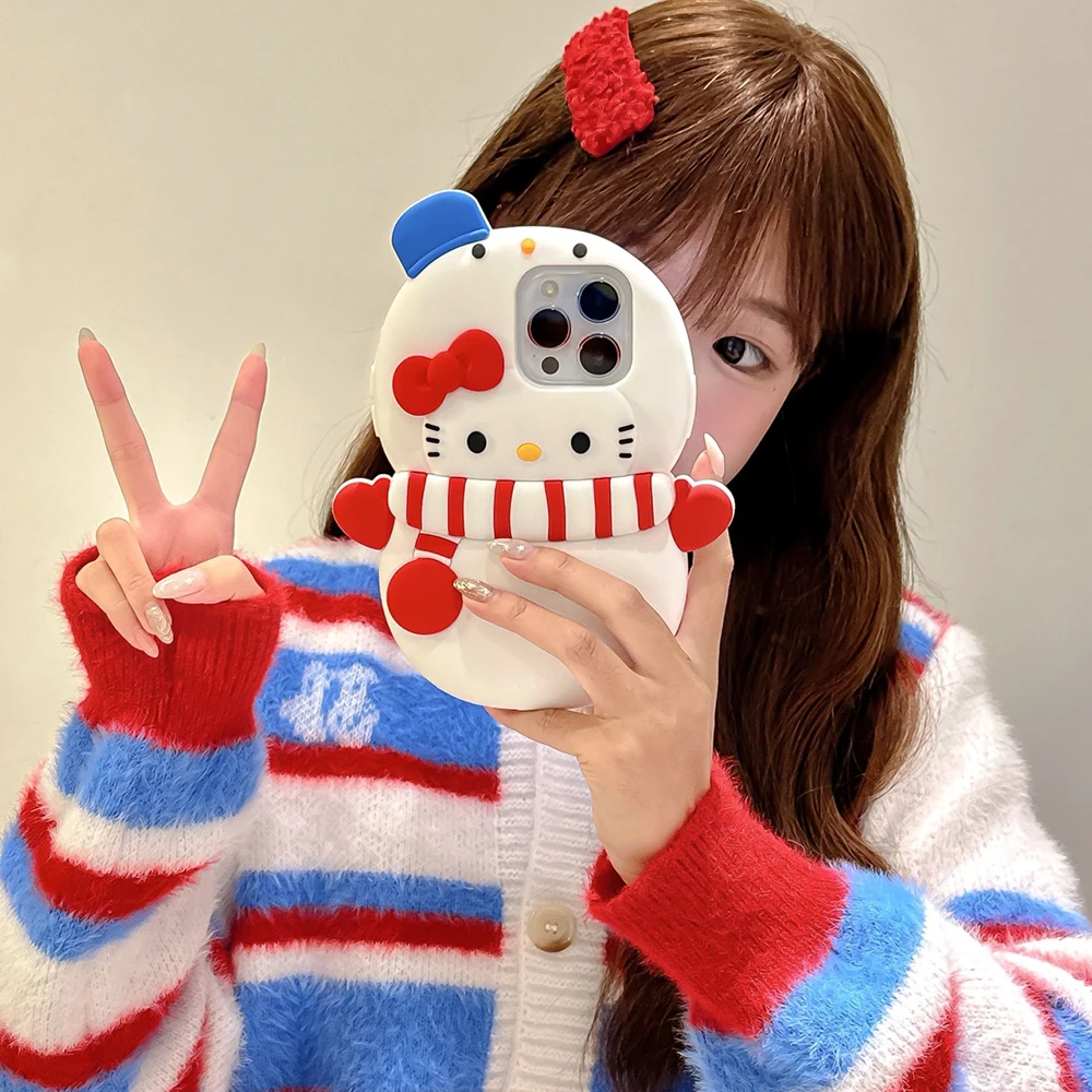 Cute Cartoon Stereo Snowman Sanrios Hello Kitty Phone Case for IPhone 16 15 14 13 12 11 Pro Max Soft Silicone Back Cover Funda