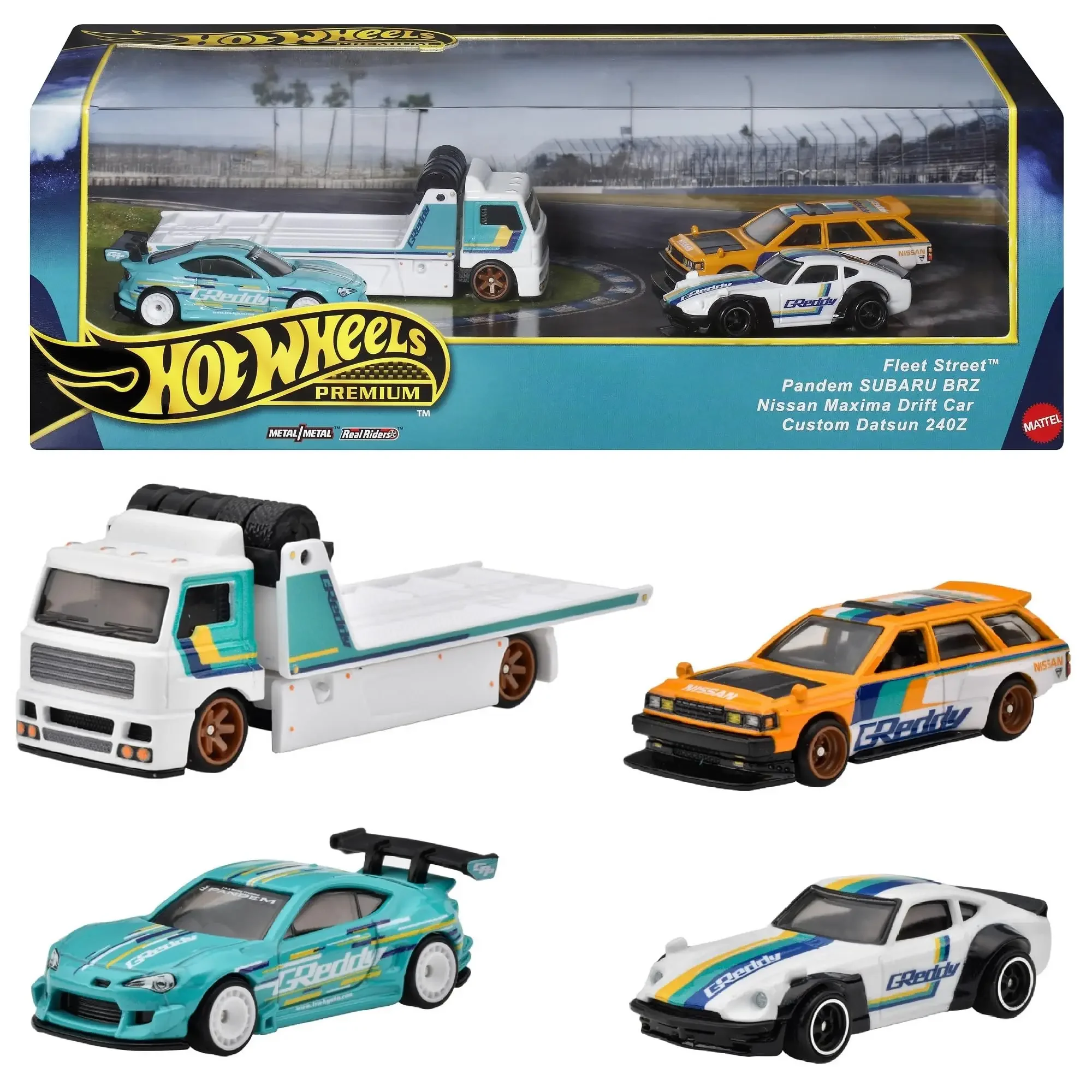 

Hot Wheels Premium Collector Display Sets 4 Pack 1:64 Scale Fleet Street Pandem Subaru BRZ Nissan Maxima Drifting Vehicle Models