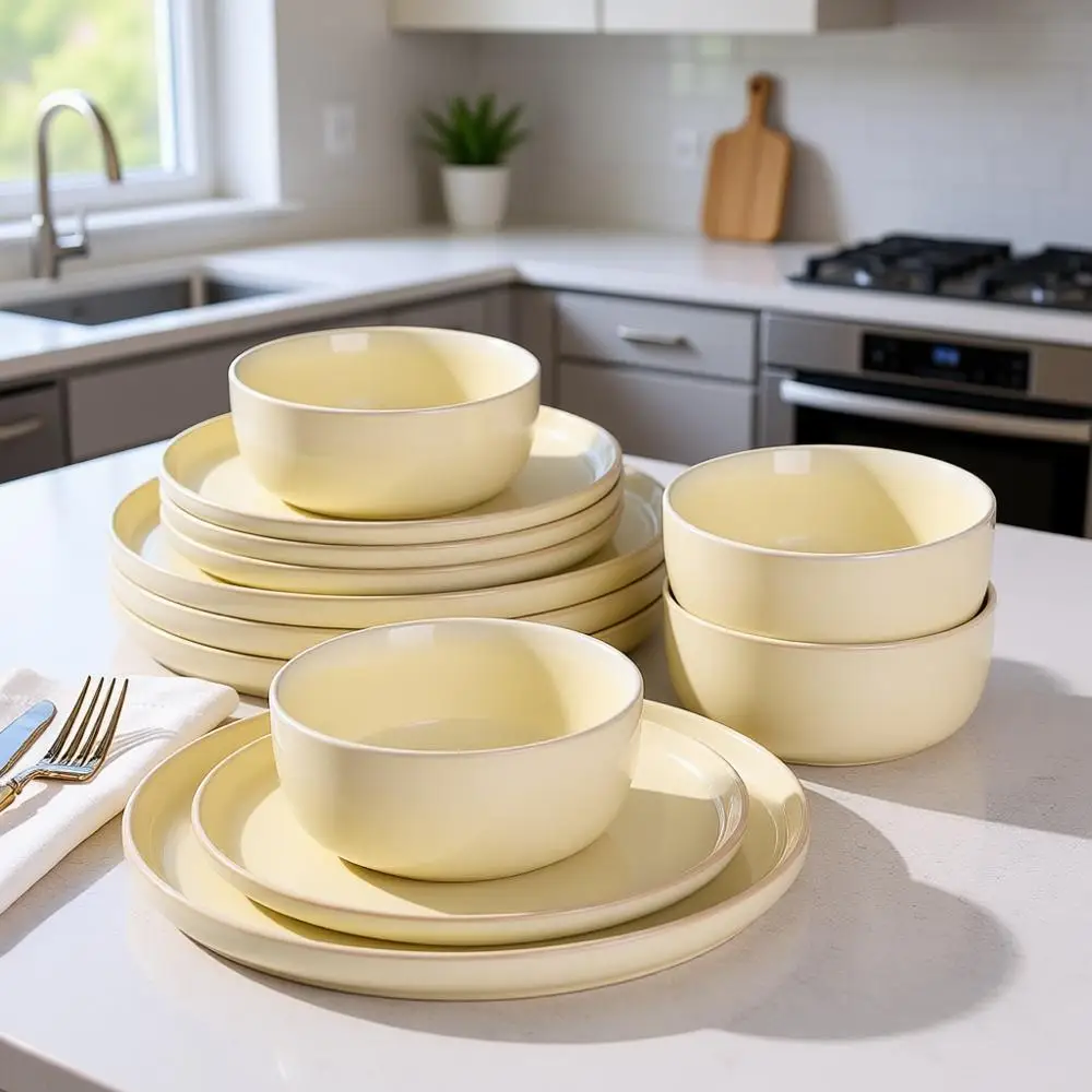 Durable Stoneware Dinnerware Set, 4-Piece Reactive Glaze Plates and Bowls, Scratch-Resistant, Dishwasher and Microwave Safe for