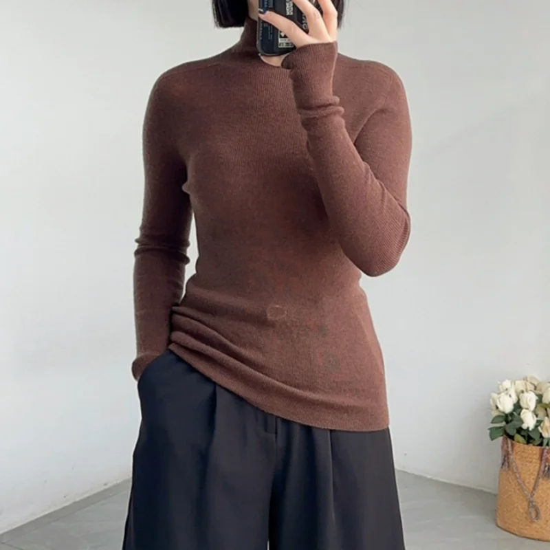 

Clearance 18G 100% Wool Elegant Seamless Sweater, Women Mock Neck Long Sleeve, Basic Knit Tops, 2025 Autumn
