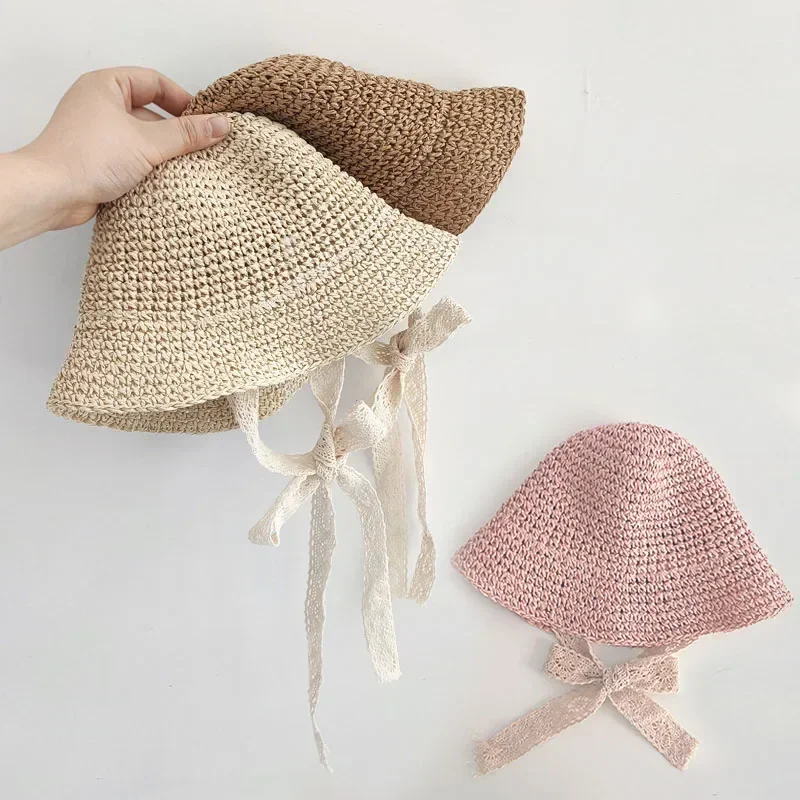 

Модная кружевная детская шапка, летняя соломенная шапка с бантом для маленьких девочек, пляжная детская панама, детские шапки принцессы и шапки для детей, 1 шт.