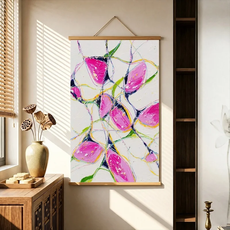Wall Art Pink Petals in Flowing Organic Shapes, Modern Abstract Pearlescent Canvas Wall Hanging Scroll for Beauty Studio Decor