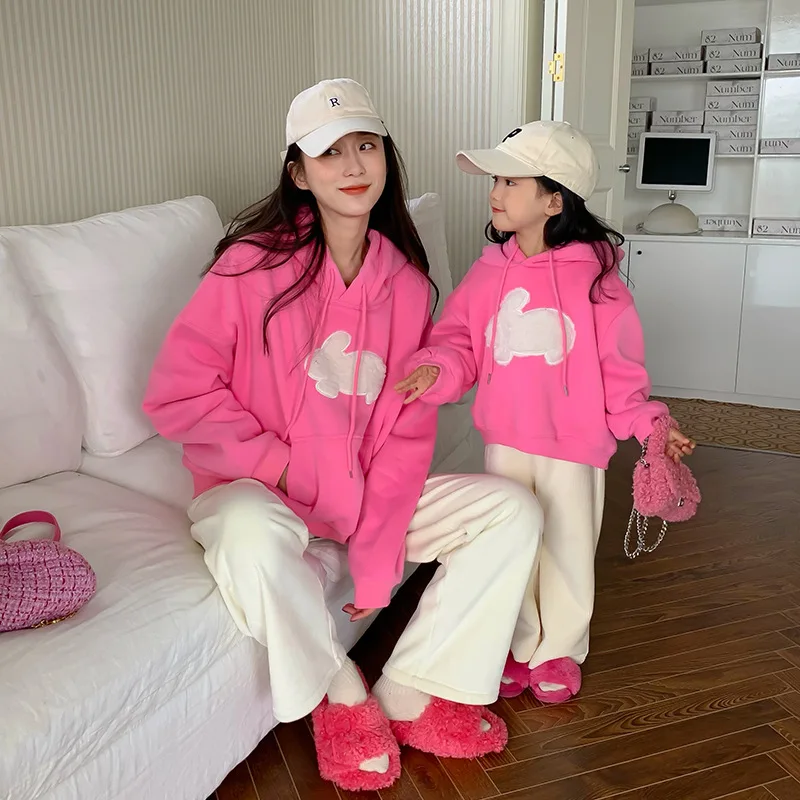 Mom And Daughter Couple Look Autumn Winter Clothes Fashion Korean 2 Piece Sets Womens Outfits Mother Baby Girl Warm Hoodies Pant