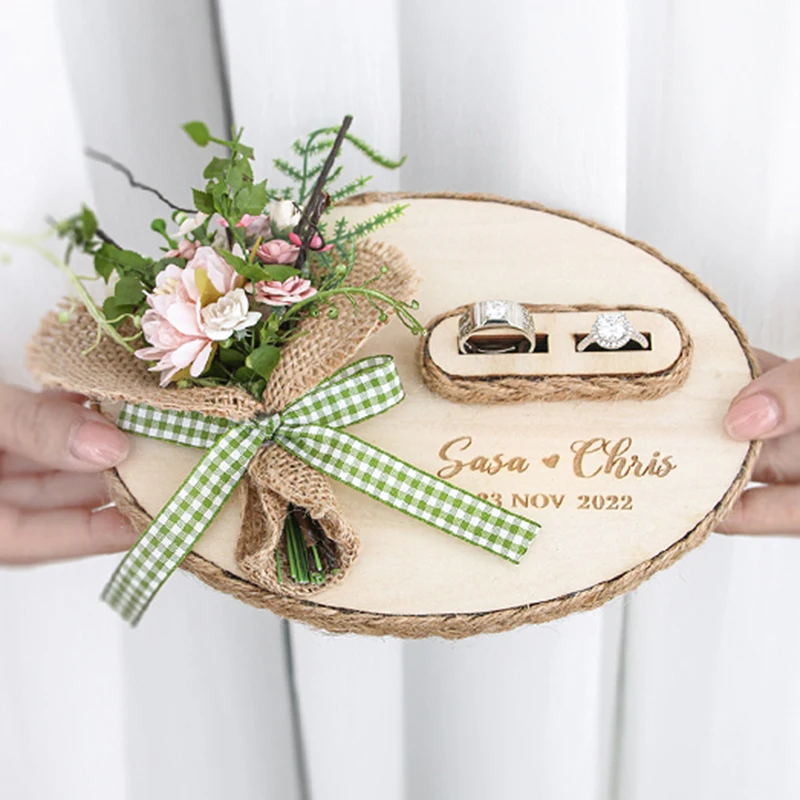 Custom Oval Wooden Flowers Engagement Wedding Ceremony Bride Groom Ring Pillow Box Jewelry Packaging Gift