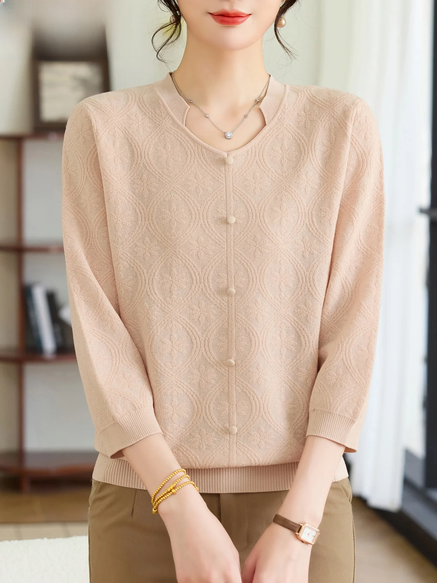 

Вязаный свитер для женщин среднего возраста: весенняя мода, длинный рукав, V-образный вырез, на пуговицах, дышащий, легко чистится