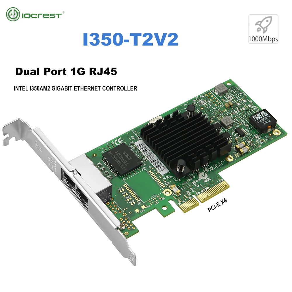 

IOCREST Intel I350-T2V2 Dual Port Gigabit Ethernet Controller Card Intel I350AM2 PCI-E X4 2 Ports Server NIC for Data Centers