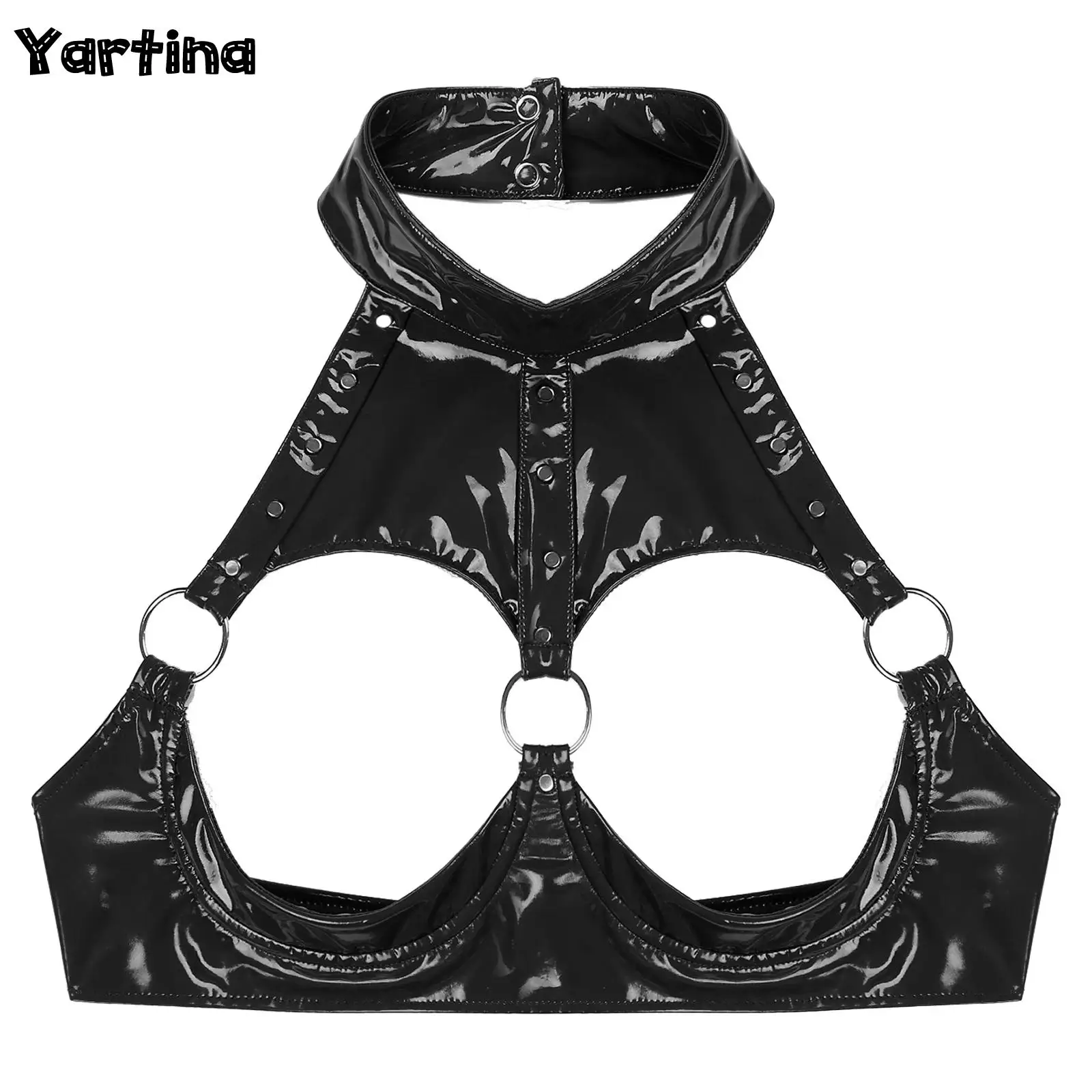 

Womens Patent Leather Camisole Tops Lingerie Open Cup Underwired Bra Crop Top Rivet O Ring Halter Open Breast Bras Backless Vest