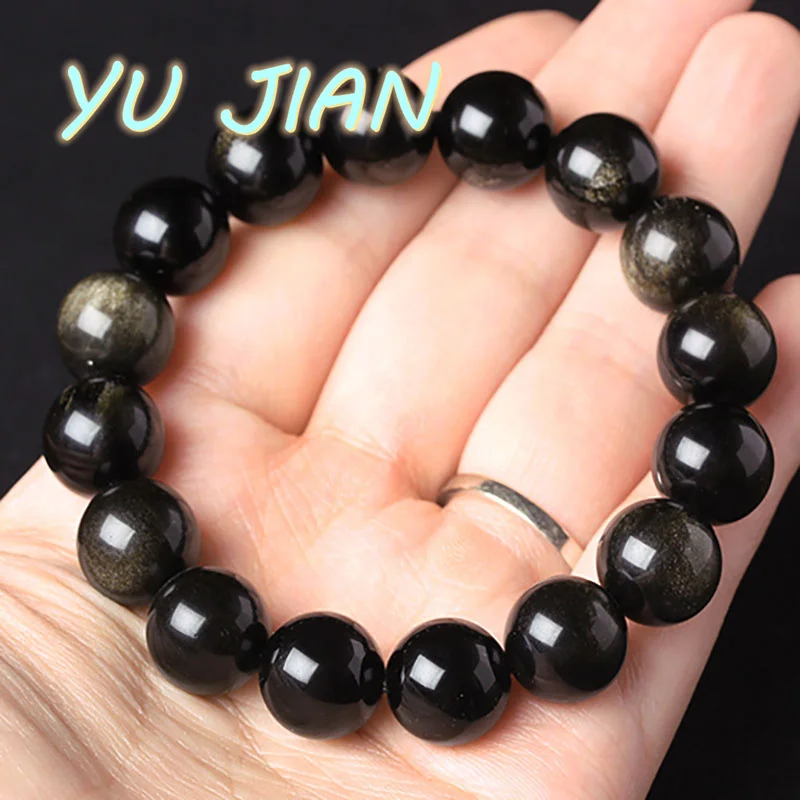 

Natural Black Gold Obsidian Beaded Stretch Bracelet Men's Ladies Round Classic Bangle Lucky Jewelry