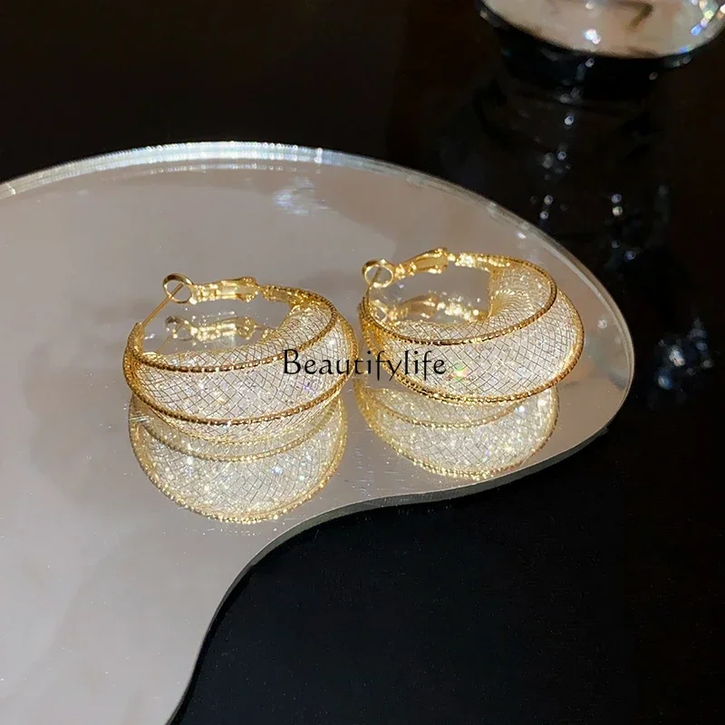 Light Luxury Gold Mesh Crystal Earrings, Niche Earrings, Advanced