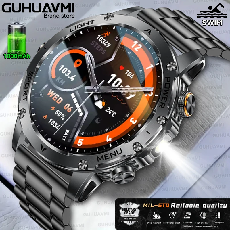 

2025Новые военные мужские умные часы, аккумулятор 1000 мАч, уличный светодиодный фонарик, 5 атм, водонепроницаемые, пульсометр, спортивные 1,7 дюйма, AMOLED умные часы