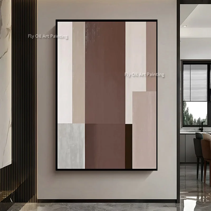 تصميم عصري كبير باللون البني والبيج الفني مصنوع يدويًا بخط أسود أصلي جديد وبيج لوحة زيتية بسيطة على قماش ديكور للغرفة