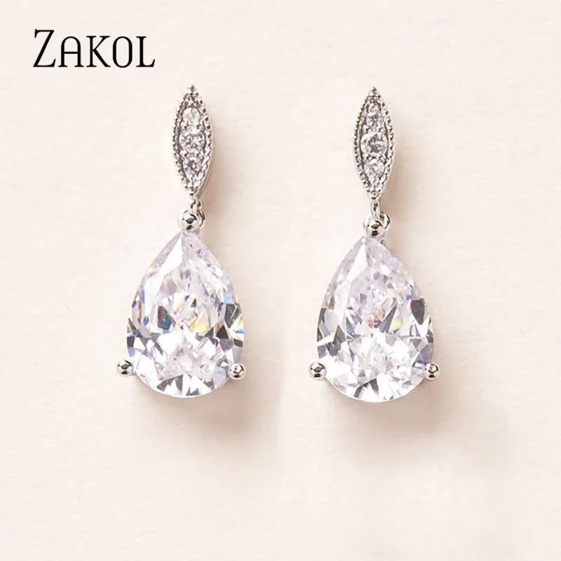 ZAKOL Nickle Free Fashion Water Drop Zircon Dangle Earrings for Women Simple Crystal Bridal Wedding Jewelry Wholesale EP2040
