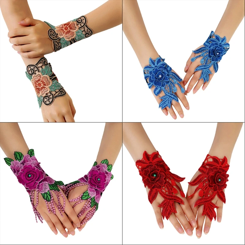 Brazalete Floral de estilo étnico, guantes de encaje hueco, bordado de flores, cubierta de muñeca Folk sin dedos con lazo de dedo