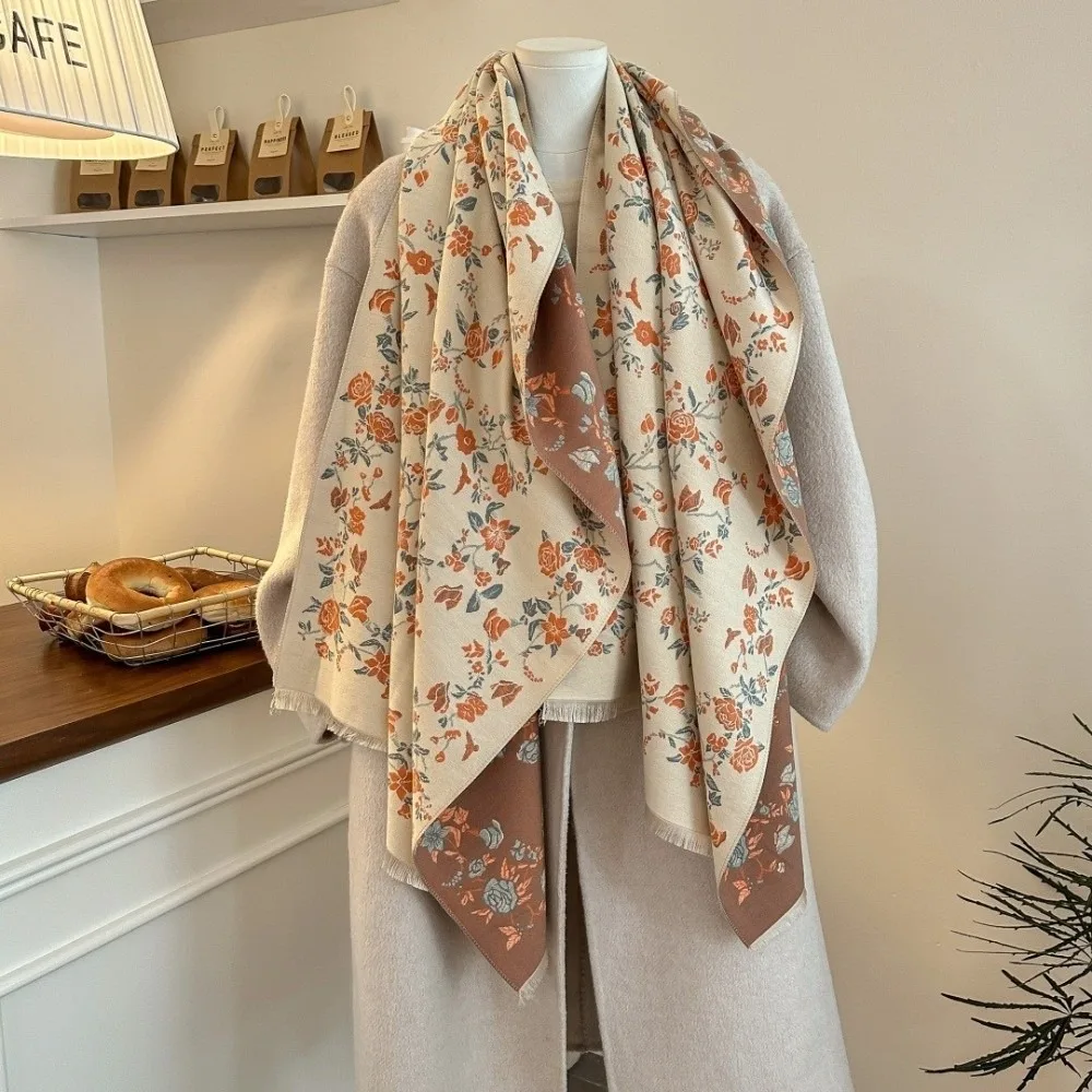 

Универсальная шаль из искусственного кашемира, элегантный плащ с цветочным принтом в этническом стиле, мягкая ветрозащитная зимняя шаль, аксессуар для зимней одежды