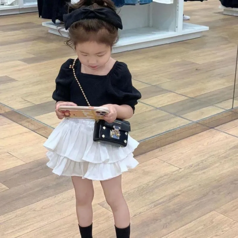 

Sweet Girl Skirt Sets Korean Version Summer New Fashion 2023 Kids Colthes Sets Black T-shirts White Skirt Cotton