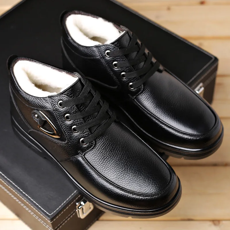 Quality New Mens Genuine Leather Boots Winter Snow Shoes Wool Inner Anti Slip Father Ankle Boots Waterproof Warm Man Cotton Boot