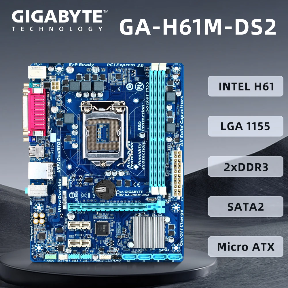 

Десктопная Материнская плата Gigabyte для H61 Socket LGA 1155 i3 i5 i7 DDR3 16G UEFI BIOS GA-H61M-DS2 PCI-E 2,0 Micro ATX.