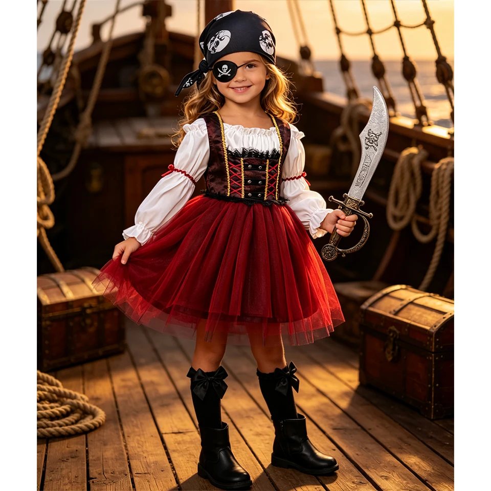 Classic Skeleton Captain Pirate Fancy Girl Dress Halloween Cosplay Themed Party Festival Children's Costume Carnival Kids Outfit