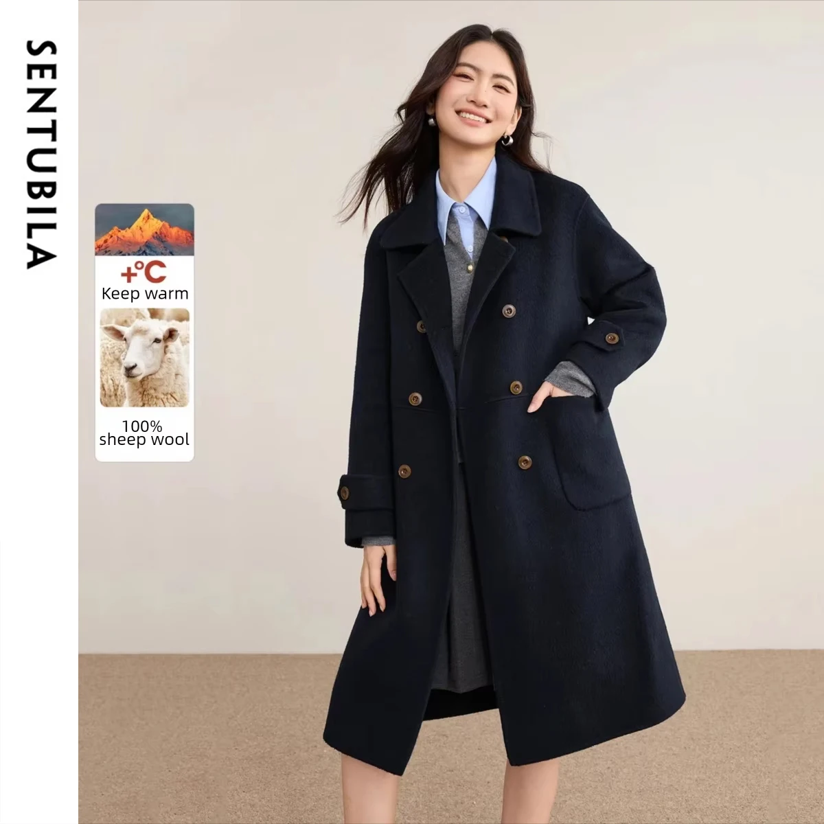 SENTUBILA Long Wool Coat for Woman 2026 Winter Turn-down Collar Loose Fit Coats Solid Elegant Double Breasted Coats W54OA2435