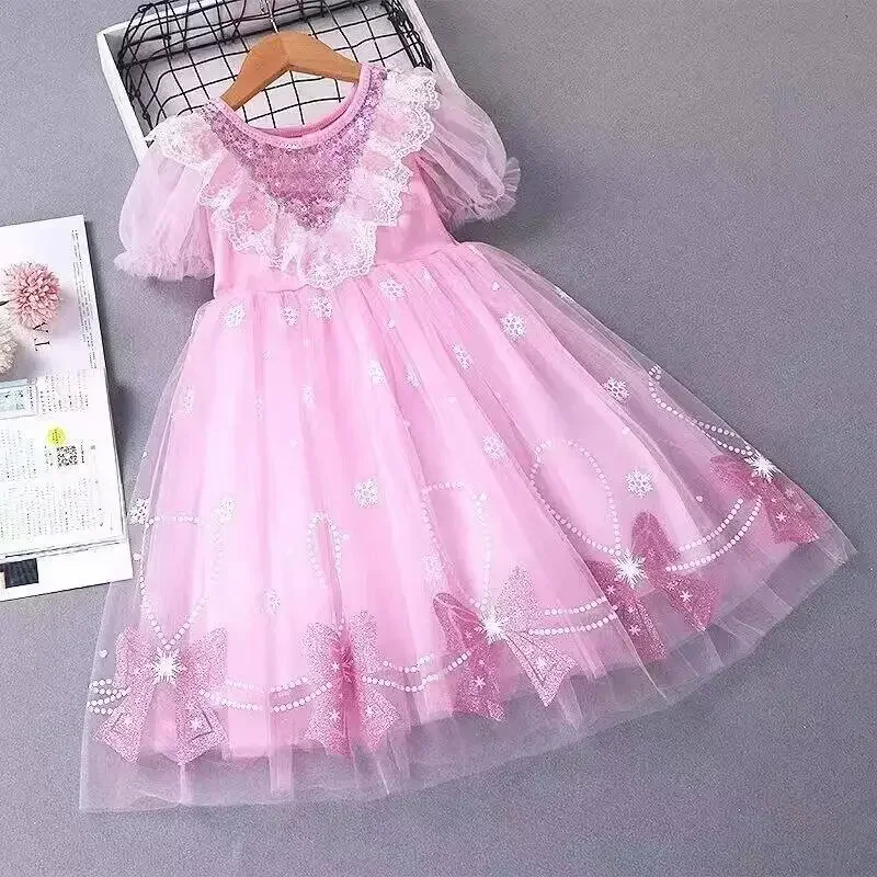 Novo Vestido Infantil Rosa com Lantejoulas e Tule para Meninas 2026, Fantasia de Princesa com Manga Bufante, Laço Decorativo e Camadas de Tule para Fe