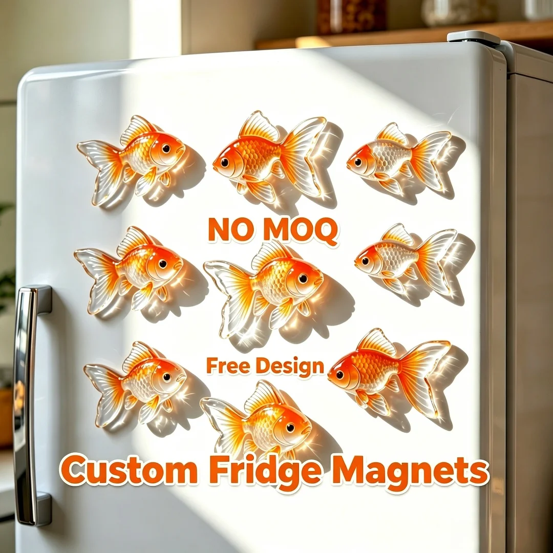 

Custom Refrigerator Magnets Personalized Transparent Goldfish Resin Fridge Magnet Oriental Lucky Fish Kitchen Home Decor Gift
