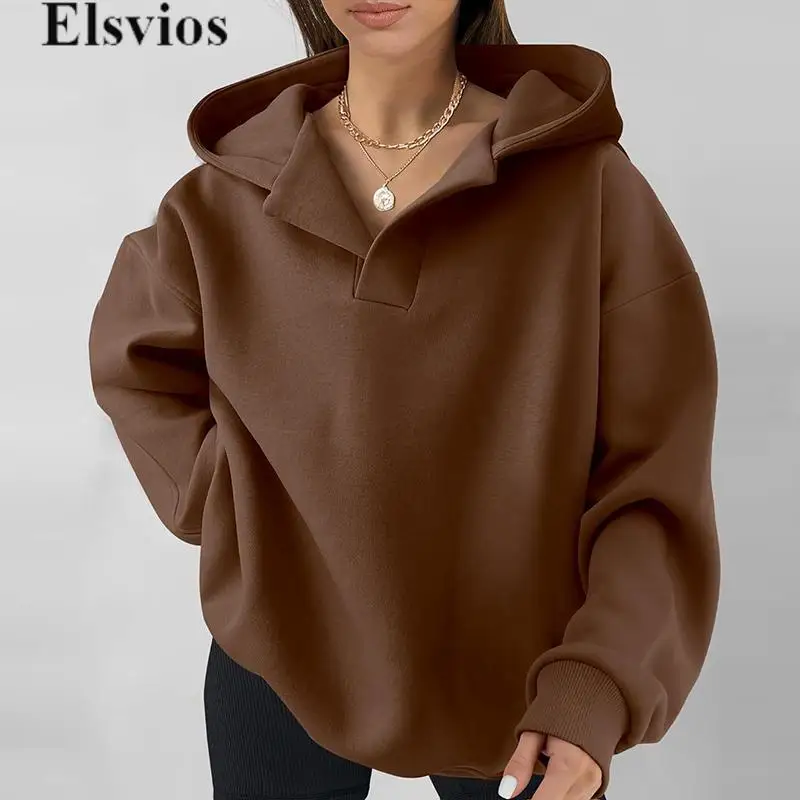 

Fashion Lady Long Sleeve V-Neck Hoodie Pullover Autumn Casual Solid Color Women Sweatshirt 2024 Winter Loose Hooded Sweatshirt