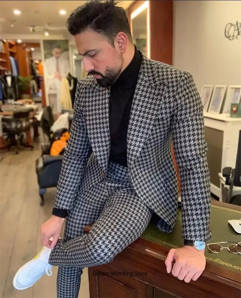 Traje de pata de gallo para hombre, traje Formal ajustado para boda, esmoquin de 2 piezas (Blazer + Pantalones), abrigo PARA CENA, fiesta de graduación, hecho a medida