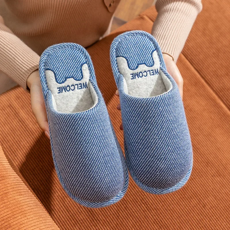 Home Anti Slip Couple Cotton Slippers Knitted Toe Cap Slippers for Women Warm and Dirt Resistant Embroidery Cixi Cotton Shoes