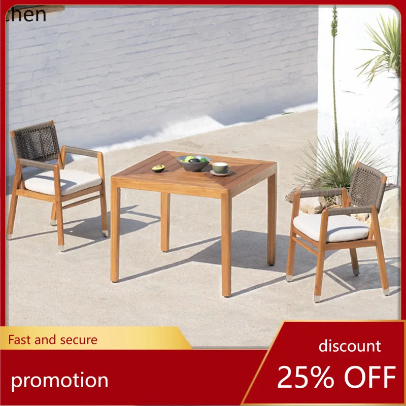 ZML Outdoor Teak Wood Table and Chairs Courtyard Hotel Leisure Dining Table and Chairs Outdoor Woven Rope Chair