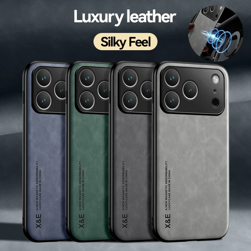 Leather Magnetic Car Holder Silicone Soft Phone Case for IPhone Air 17 Pro Max Full Lens Protection Back Cover Phone Cases