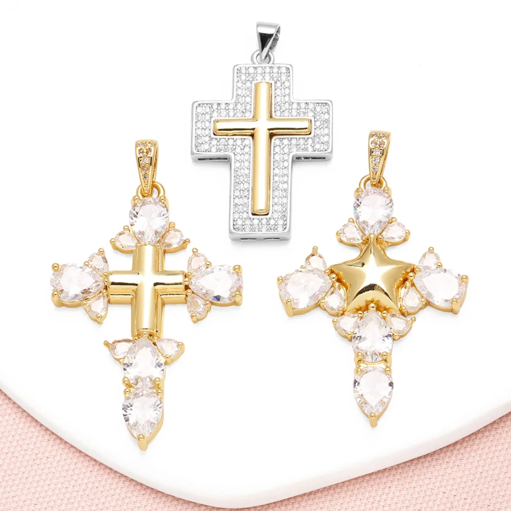 OCESRIO White Crystal Waterdrop Big Cross Pendant for Necklace Copper Gold Plated Crucifix Jewelry Making Supplies pdta433